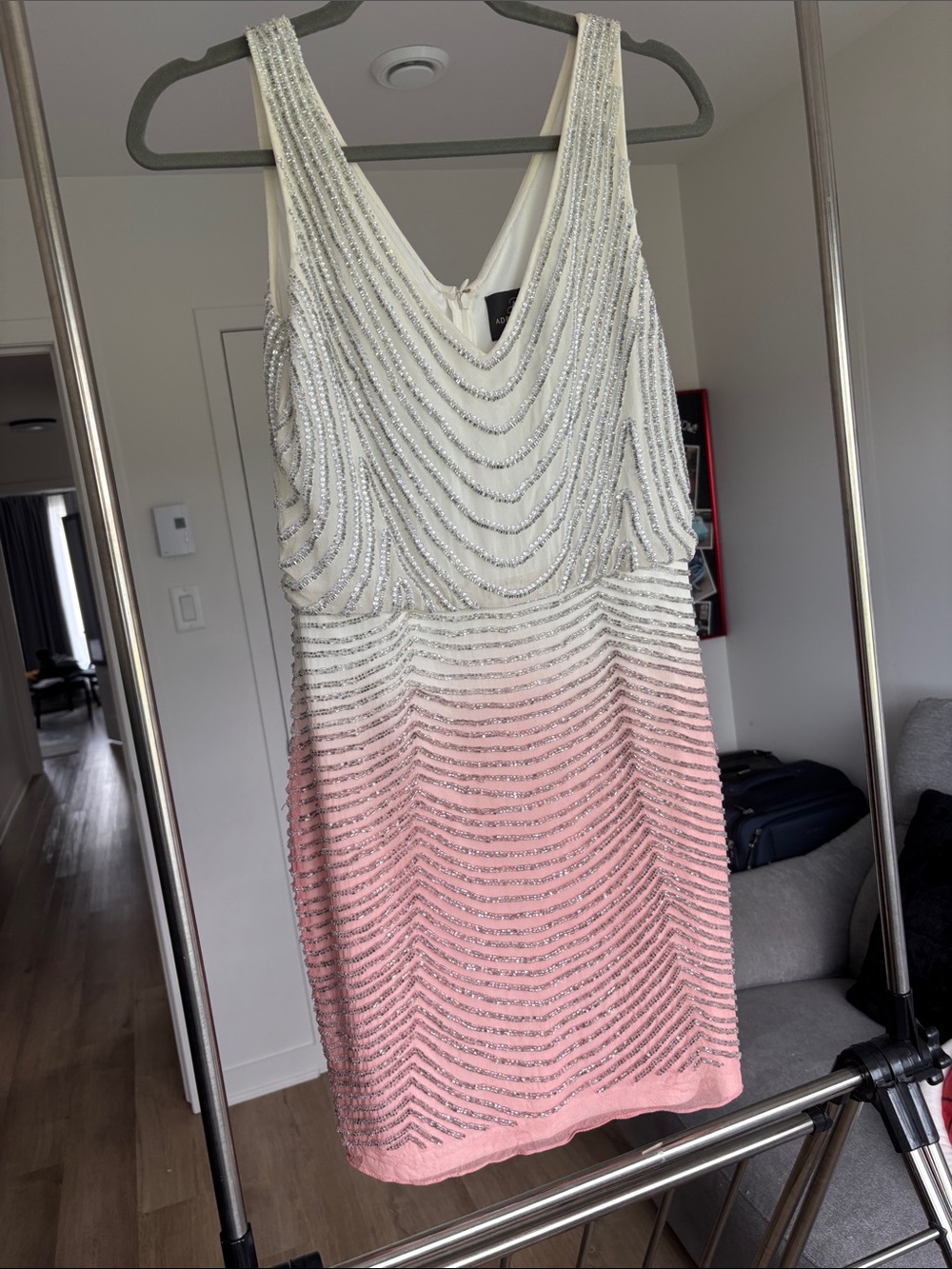 Adrianna Papell White to Pink Beaded V-Neck Mini Dress